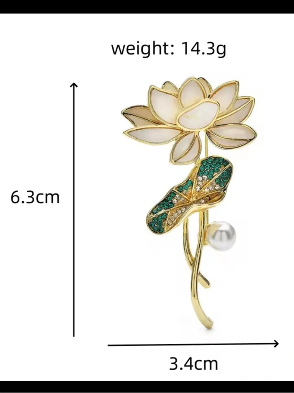 Golden Lotus Pearl Brooch – Elegant Floral Pin with Green Crystal Leaf